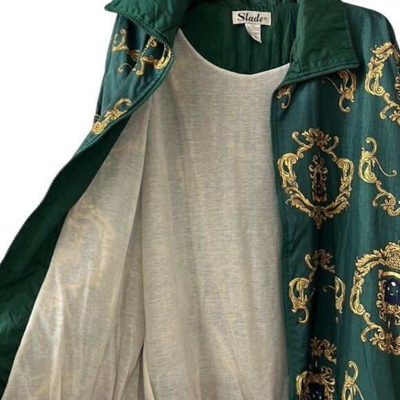 Vintage SLADE Green NYLON ORNATE BAROQUE PRINT LINED WINDBREAKER JACKET NWOT 1X - Picture 7 of 9